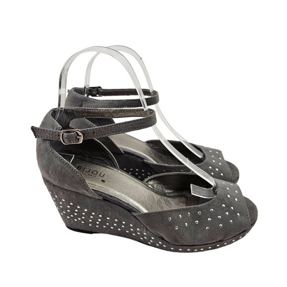 Bijou By AJ Valenci Gray Studded Peep-Toe Wedge Sandals Size 8.5W Fabric Upper - Picture 4 of 9